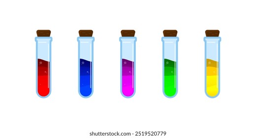 Conjunto de botellas de vidrio. Estilo plano de la poción del diverso color en el fondo blanco. Ilustración vectorial. Elementos de diseño para el juego, interfaz, Web, icono, logotipo.