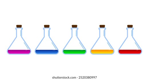 Conjunto de botellas de vidrio. Estilo plano de la poción del diverso color en el fondo blanco. Ilustración vectorial. Elementos de diseño para el juego, interfaz, Web, icono, logotipo.