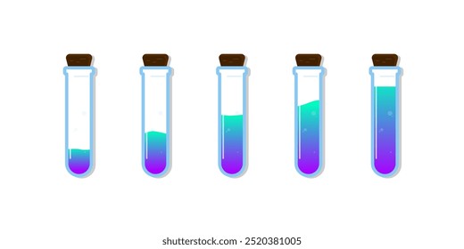 Conjunto de botellas de vidrio. Estilo plano de la poción del diverso color en el fondo blanco. Ilustración vectorial. Elementos de diseño para el juego, interfaz, Web, icono, logotipo.