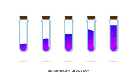Set of glass bottles. Different color potion flat style on white background. Vector illustration. Design elements for game, interface, web, icon, logo.