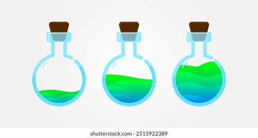 Set of glass bottles. Different colors potion flat style on white background. Vector illustration.  Design elements for game collection. 