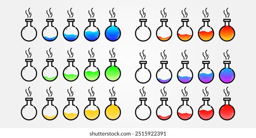 Conjunto de garrafas de vidro. Cores diferentes posicionam o estilo plano no plano de fundo branco. Ilustração vetorial.  Elementos de design para coleção de jogos. 