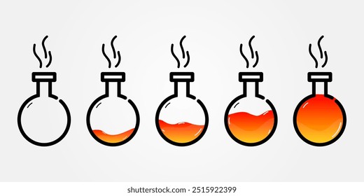 Set of glass bottles. Different colors potion flat style on white background. Vector illustration.  Design elements for game collection. 