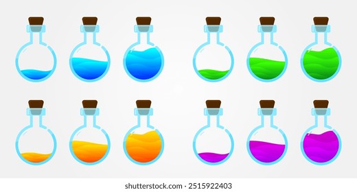 Conjunto de botellas de vidrio. Diferentes colores poción estilo plano sobre fondo blanco. Ilustración vectorial.  Elementos de diseño para la colección del juego. 