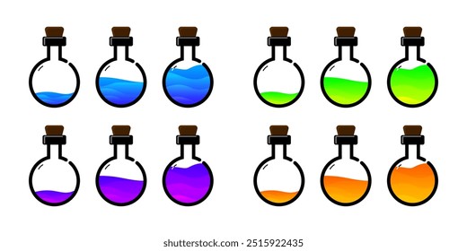 Set of glass bottles. Different colors potion flat style on white background. Vector illustration.  Design elements for game collection. 