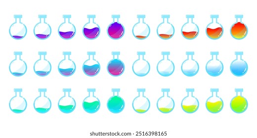 Set of glass bottles. Different colors 
potion flat style on white background. Vector illustration.  Design elements for game collection.