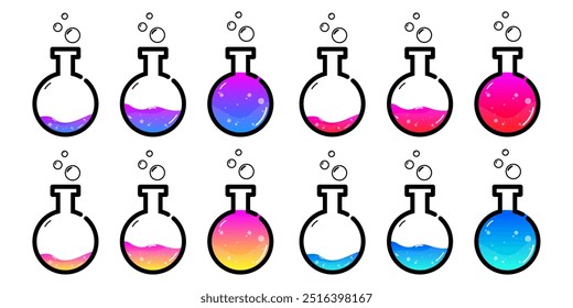 Set of glass bottles. Different colors 
potion flat style on white background. Vector illustration.  Design elements for game collection.