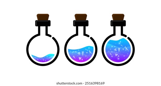 Set of glass bottles. Different colors 
potion flat style on white background. Vector illustration.  Design elements for game collection.