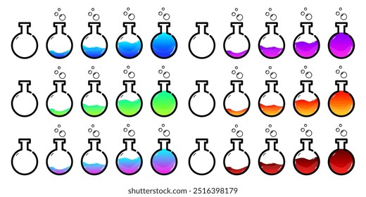 Set of glass bottles. Different colors 
potion flat style on white background. Vector illustration.  Design elements for game collection.