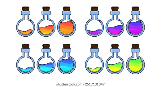 Set of glass bottles. Different colors 
potion flat style on white background. Vector illustration.  Design elements for game collection.
