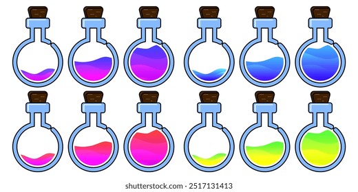Set of glass bottles. Different colors 
potion flat style on white background. Vector illustration.  Design elements for game collection.