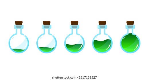 Set of glass bottles. Different colors 
potion flat style on white background. Vector illustration.  Design elements for game collection.