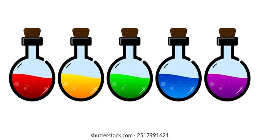 Conjunto de botellas de vidrio. Diferentes colores 
Poción estilo plano sobre fondo blanco. Ilustración vectorial.  Elementos de diseño para la colección del juego.