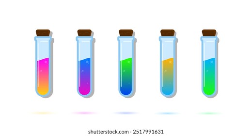 Conjunto de botellas de vidrio. Diferentes colores 
Poción estilo plano sobre fondo blanco. Ilustración vectorial.  Elementos de diseño para la colección del juego.