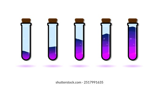 Conjunto de botellas de vidrio. Diferentes colores 
Poción estilo plano sobre fondo blanco. Ilustración vectorial.  Elementos de diseño para la colección del juego.