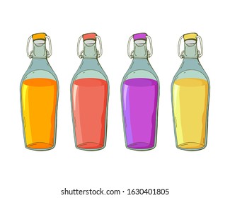 Set of glass bottles with different drinks in the vector. Fruit or berry juice. Homemade preparations of fruits and berries. Isolated object. Lemon, grape, orange and strawberry juice.