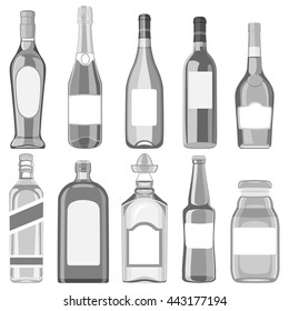 A set of glass bottles with different drinks. Vector illustration on a white background.