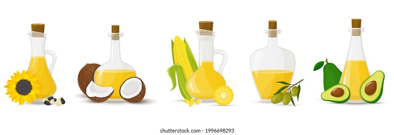 A set of glass bottles with different oils. Olive, sunflower, corn, coconut, and avocado oils. Flat design, vector