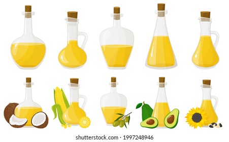 A set of glass bottles with different oils. Olive, sunflower, corn, coconut, and avocado oils. Flat design, vector