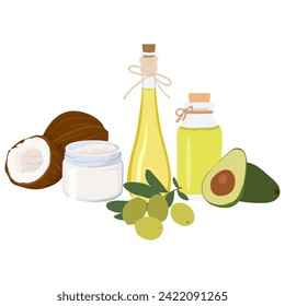 Un conjunto de botellas de vidrio con diferentes aceites. Aceites de oliva, coco y aguacate.