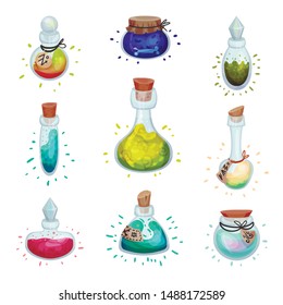 Set of glass bottles of different shapes with a potion. Vector illustration on a white background.