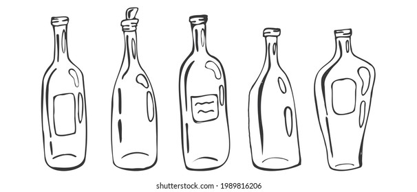 A set of glass bottles of different shapes in a sketch or doodle style. Empty bottles for wine. Icons for restaurant or bar menu. Vector graphics on a white background.
