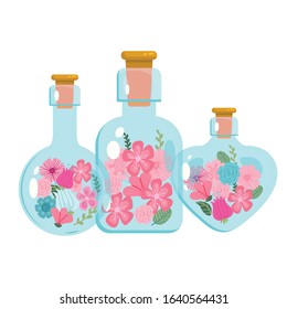 Set of glass bottles of diffetent forms with flowers inside. Can be used in medicine, therapy, spa, massage, aromatherapy themes. Spring blossom flowers, vector illustration, isolated white background