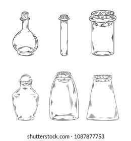 Set of glass bottles doodles. Vector isolated illustration. Mason jars designs sketched art boho silhouettes