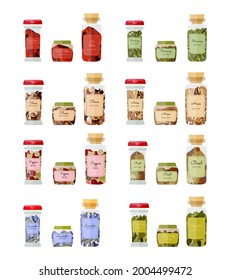 Set of glass bottles with a dried basil, peppers, anise, cloves, rosemary, pul biber, bay leaf and lavender,. Three types of the jars with the spices isolated on white background.