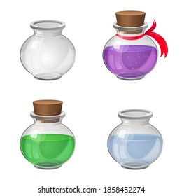 Set of glass bottles. Empty transparent glass jar. Glass pot with water. Bottles with green and purple liquid, bunges and red ribbon. Realistic vector illustration. Game icon.