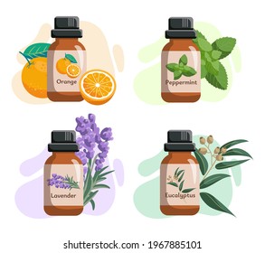 Set Of Glass Bottles With Essential Oils. Orange, Eucalyptycus, Peppermint, Tea Tree Oils. Label, Sticker. Vector Illustration Isolated On White Background.