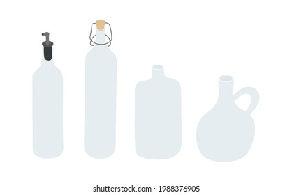 Set of glass bottles in flat style. For oil, water, drinks. Isolated on white background.