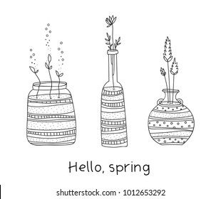 Set of glass bottles with flowers. Hand draw style.