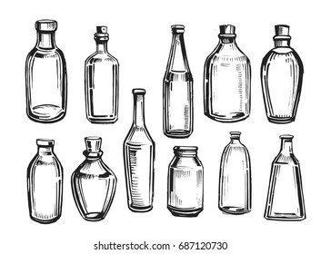Set of glass bottles. Hand drawn illustration converted to vector. Isolated on white background