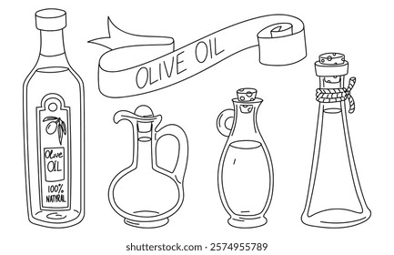 set of glass bottles, a jug of olive oil and a ribbon with an inscription. A variety of bottles of homemade olive oil and a store-bought one. Sketch-style illustration scheme, coloring book. Collectio