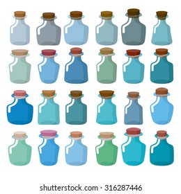 Set of glass bottles for laboratory research. Magic bottle with a wooden stopper. Banks of hemical lab