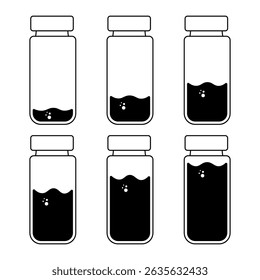 Set of Glass Bottles with Liquid Levels and Bubbles Vector Illustration. Black and white vector illustration depicting a set of glass bottles filled with liquid at varying levels.
