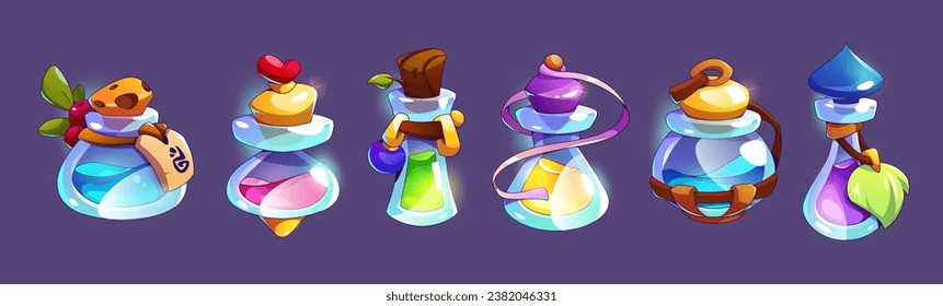 Set of glass bottles with magic elixir isolated on background. Vector cartoon illustration of corked vials with colorful love potion, poison antidote, alchemy medicine, chemical liquid substance