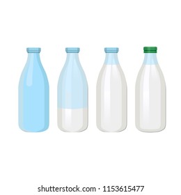 Set of glass bottles with a milk. Vector illustration isolated on white background