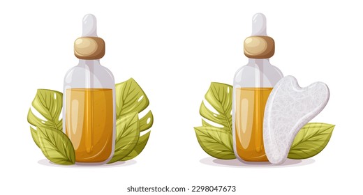 A set of glass bottles with oil serum pipette, white agate gua sha surrounded by tropical leaves. Side view. Cosmetic fluid for skin care. Trendy vector illustration.