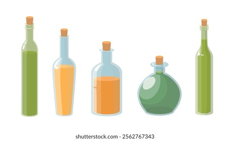 Set of glass bottles with oils in cartoon style. Vector illustrations of bottles of different shapes with wooden stoppers, olive and sunflower oils, isolated on white background. Salad dressing.