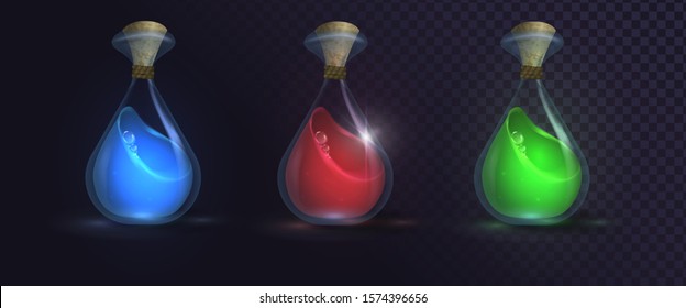 Set of glass bottles with potions: blue red and green. Potion of Mana, Health, and Power