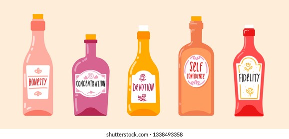 A set of glass bottles with potions that give different qualities: confidence, loyalty, honesty. Vector illustration for greeting card, blog or poster.