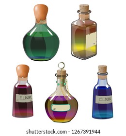 set of glass bottles of various color potion