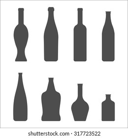 Set of Glass Bottles vector icons. Wine, beer, whiskey, liqueur, champagne and other Bottles silhouette or symbol. 