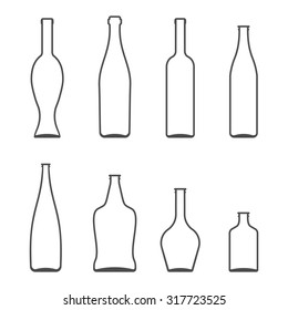 Set of Glass Bottles vector icons. Wine, beer, whiskey, liqueur, champagne and other Bottles silhouette or symbol