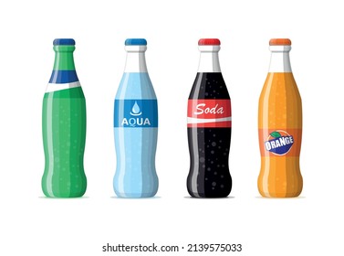 A set of glass bottles of water and sweet soda. Flat vector soda icons illustrations.
