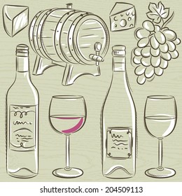 set of glass and bottles for wine, vector