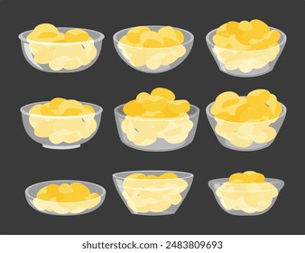 Juego de tazón de vidrio con papas fritas crujientes, Vector crujientes piezas de aperitivo onduladas en platos transparentes, papas fritas en tazón de arcilla de cerámica para el menú de comida rápida. Rebanadas fritas de patata para el diseño de envases. 