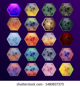 Set of glass bright buttons in the shape of a polygon for computer or mobile game